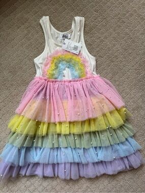 Lola and the Boys Rainbow Tulle Tiered Dress with Pearl Details